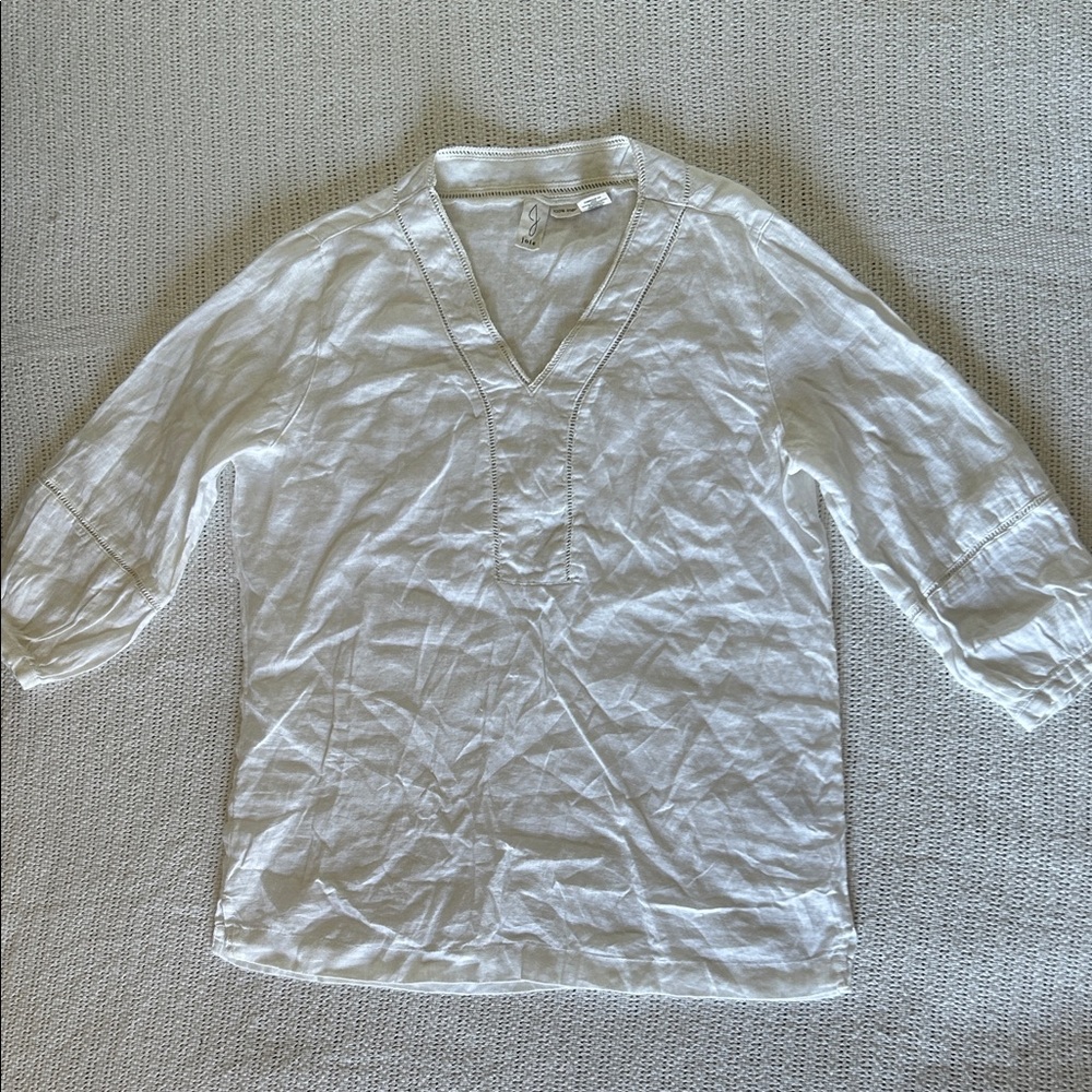 Joie White Linen Crochet Quarter Length Sleeve Tunic Shirt Top